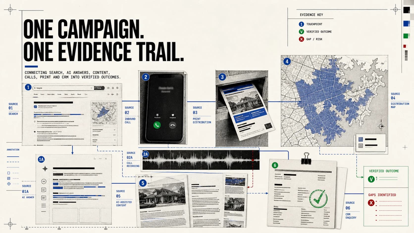 An evidence trail connecting search, AI answers, content, calls, print and CRM outcomes without treating missing attribution as fact.