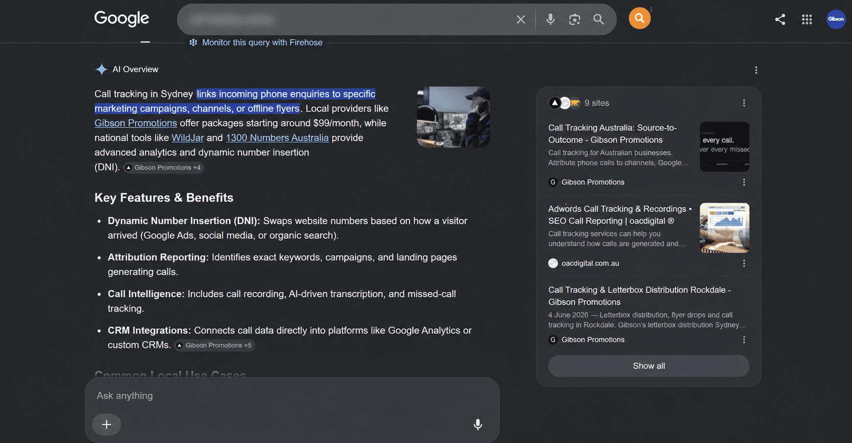 Google Australia AI Overview with the search query obscured and Gibson Promotions visible in the cited-source panel