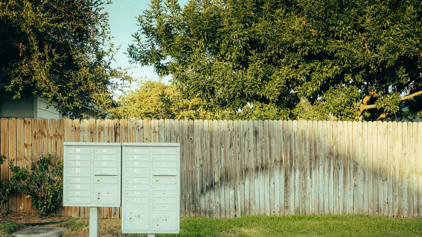 Community letterboxes beside a suburban fence
